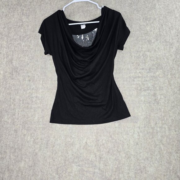 Venus Black Sequin Accent Drape Neck Top Size S - Picture 1 of 7
